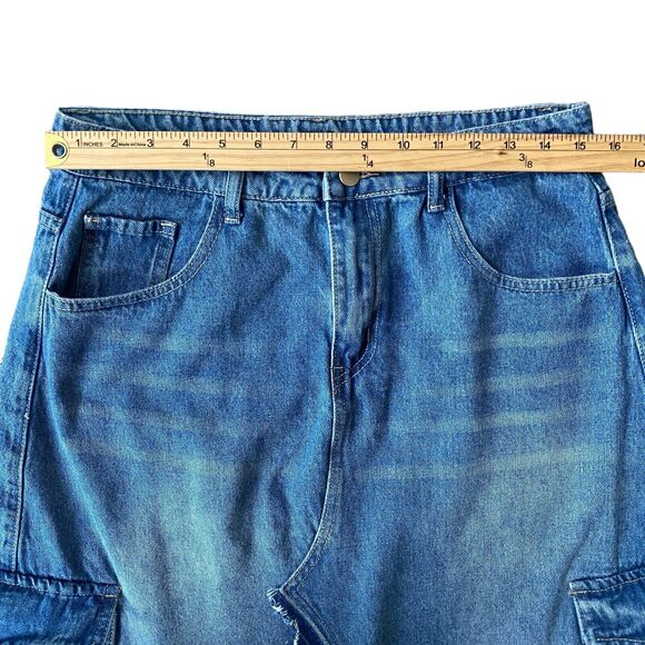 Daze A-line Maxi Denim Skirt L Blue Raw Hem Seam Slit Distressed Grunge Y2K - Picture 3 of 6